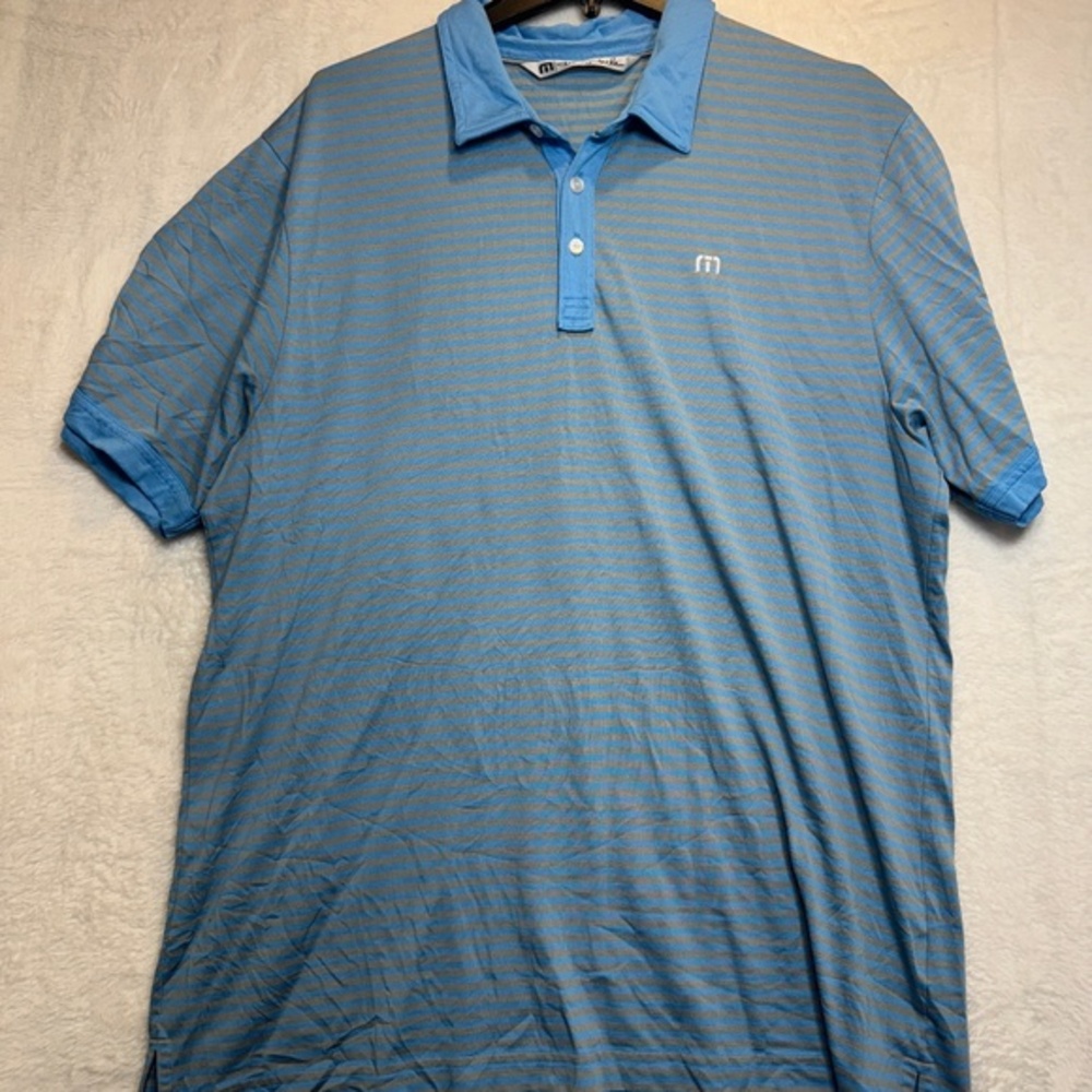 Travis Mathew Polo Shirt Mens Size XL Blue Gray Striped Short Sleeve Golf Athlei